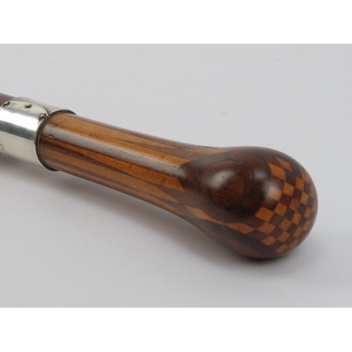 5 - An antique marquetry inlaid walking cane with silver collar. With a marquetry inlaid handle, silver ... 