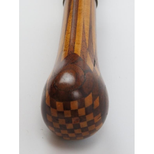 5 - An antique marquetry inlaid walking cane with silver collar. With a marquetry inlaid handle, silver ... 