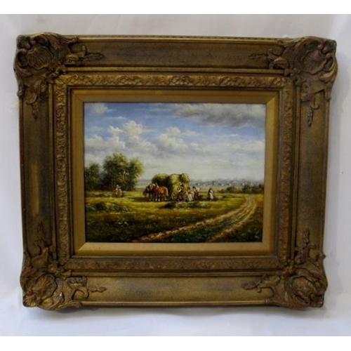 501 - A pair of late 20th Century framed oils on board Harvest scenes.  Signed H. Mills, lower left and ri... 