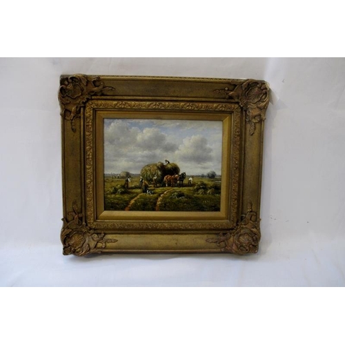 501 - A pair of late 20th Century framed oils on board Harvest scenes.  Signed H. Mills, lower left and ri... 