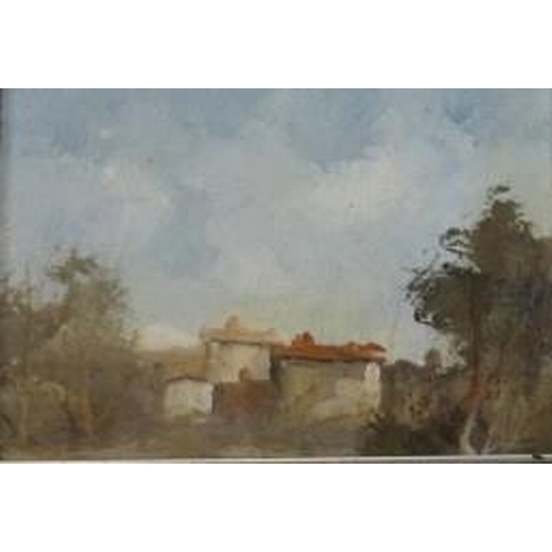 505 - Italian 20th century framed and glazed oil on board, continental scene with buildings beyond trees. ... 