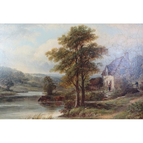 509 - Thomas Thomas 19th Century British gilt framed oil on canvas.  Cottage on the banks of Severn, Worce... 