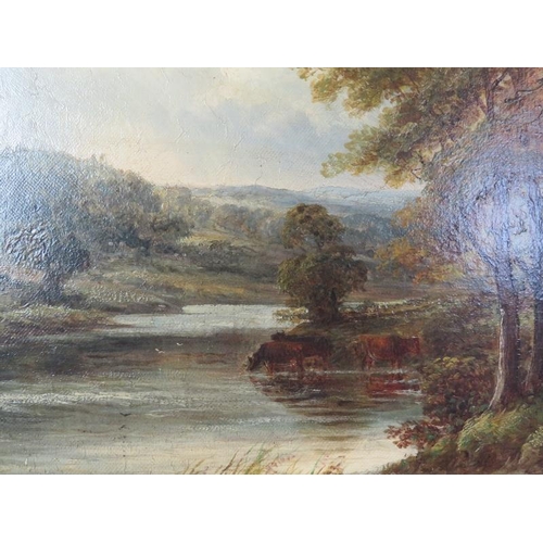 509 - Thomas Thomas 19th Century British gilt framed oil on canvas.  Cottage on the banks of Severn, Worce... 