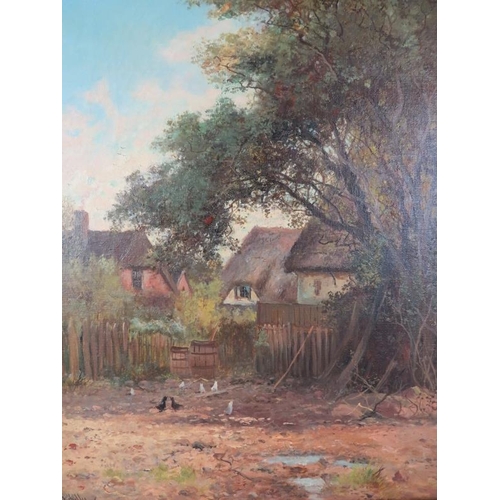 512 - Late 19th early 20th Century oil on canvas.  Thatched cottages with chickens in the yard signed D Hu... 