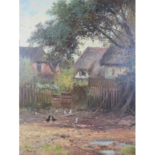 512 - Late 19th early 20th Century oil on canvas.  Thatched cottages with chickens in the yard signed D Hu... 