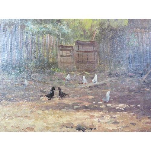 512 - Late 19th early 20th Century oil on canvas.  Thatched cottages with chickens in the yard signed D Hu... 