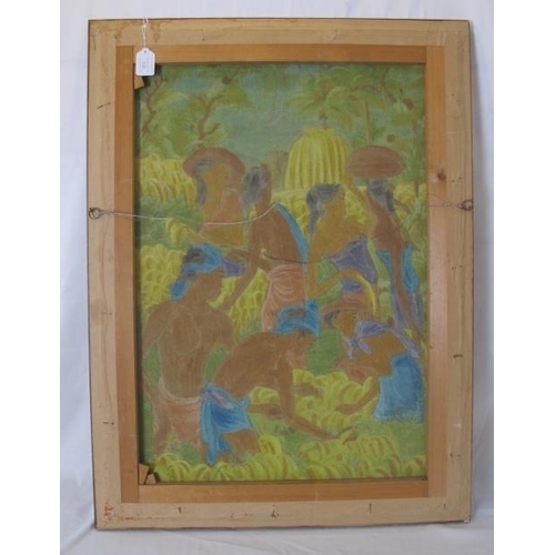 520 - Framed picture on canvas Batik harvest scene c1950's. It Asta Bali lower right. 85cm x 63cm (approx)... 