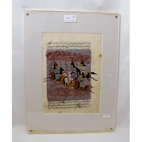 523 - Three Indian miniature paintings, Gouache on paper, two depicting battle scenes and another with a p... 