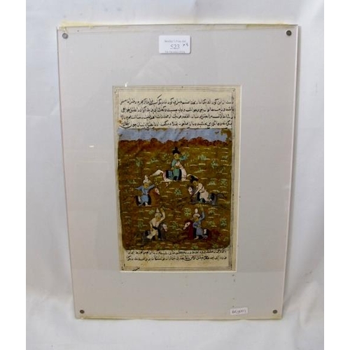 523 - Three Indian miniature paintings, Gouache on paper, two depicting battle scenes and another with a p... 