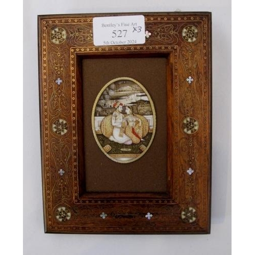 527 - Three Indian paintings, watercolour and gold highlighting 'lovers', all ornately framed.  13cms x 9c... 