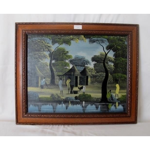 539 - Framed oil on board.  Haitian village scene.  Unsigned 38cm x 49cm.
Condition report: no issues