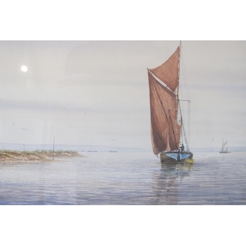 542 - Alan Whitehead, British artist 1952, framed and glazed watercolour, sailing boat coming into the Est... 