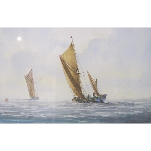 544 - Alan Whitehead, born 1952, Isle of Sheppey, framed and glazed, boats in full sail, signed lower righ... 