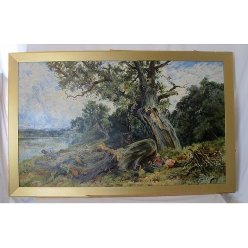 545 - M.R. Procter (19th century) - 'Figures sat in a wooded river landscape', oil on canvas signed, 73cm ... 