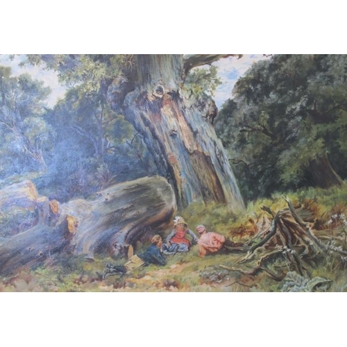 545 - M.R. Procter (19th century) - 'Figures sat in a wooded river landscape', oil on canvas signed, 73cm ... 