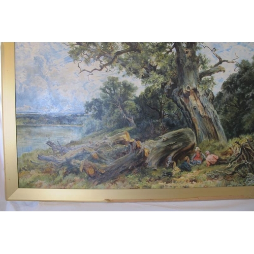 545 - M.R. Procter (19th century) - 'Figures sat in a wooded river landscape', oil on canvas signed, 73cm ... 