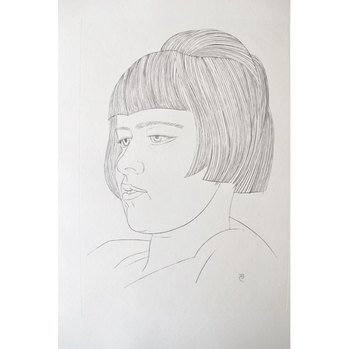 555 - Eric Gill unframed etching.  Head study of a lady. 34cm x 25cm overall size.
Condition report: no is... 