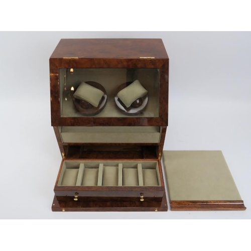 90 - A Hillwood of London simulated burr walnut watch box with two rotating watch winders. Lower internal... 