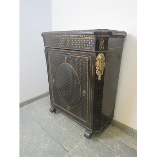 715 - A 19th century French Empire ebonised pier cabinet, having ormolu mounts and profuse brass inlay, th... 