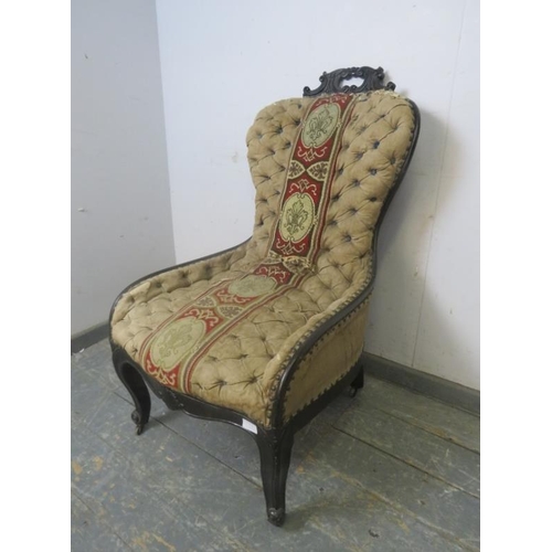 718 - A Napoleon III ebonised spoonback chair, retaining the original profusely buttoned upholstery with b... 