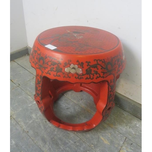 721 - A vintage Chinese cinnabar lacquer barrel stool, having incised polychrome decoration depicting a so... 