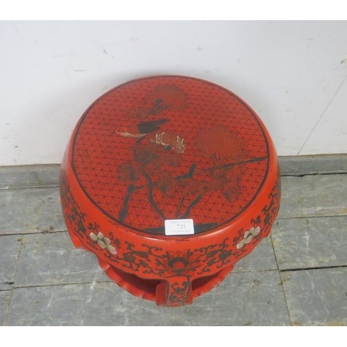 721 - A vintage Chinese cinnabar lacquer barrel stool, having incised polychrome decoration depicting a so... 