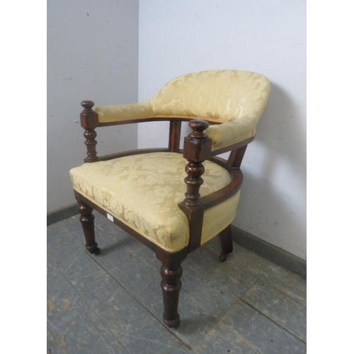 738 - A 19th Century mahogany tub chair, having turned uprights with bun finials, reupholstered in a good ... 