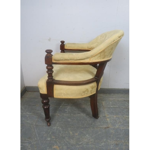 738 - A 19th Century mahogany tub chair, having turned uprights with bun finials, reupholstered in a good ... 