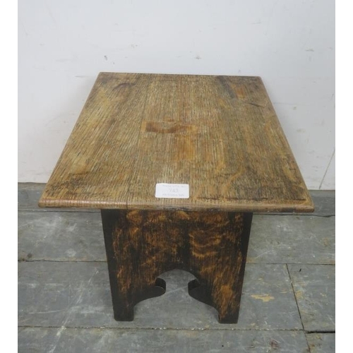 743 - A small Arts and Crafts period golden oak occasional table, having Moorish arch decoration to legs, ... 