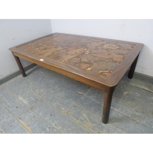 763 - A mid-century hardwood rectangular coffee table in the manner of Kofod Larsen, the top with inset ma... 