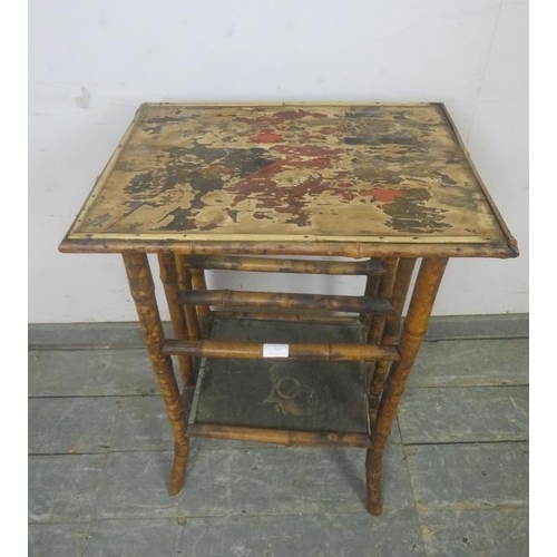 783 - A turn of the century tiger bamboo two tier occasional table, on splayed supports. H78cm W53cm D38cm... 