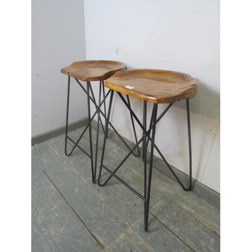 788 - A pair of good quality contemporary bar stools by Souk Collective, the dished naturalistic wooden se... 