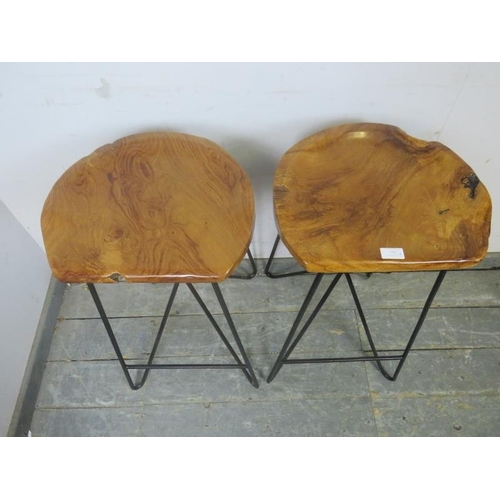 788 - A pair of good quality contemporary bar stools by Souk Collective, the dished naturalistic wooden se... 