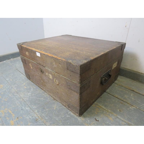 806 - A 19th century metal bound wooden document chest/strong box, retaining the original paintwork and wi... 