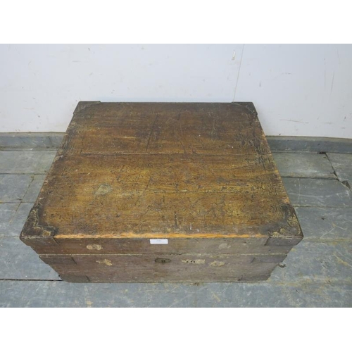 806 - A 19th century metal bound wooden document chest/strong box, retaining the original paintwork and wi... 