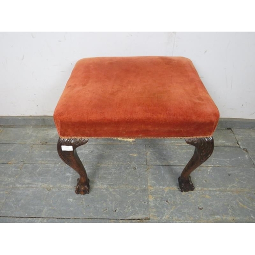 808 - A 19th century mahogany stool in the Chippendale taste, upholstered in burnt orange velvet material,... 