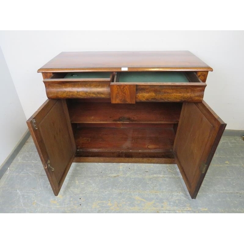 815 - A Victorian flame mahogany crossbanded side cabinet, housing two blind drawers above cupboards with ... 