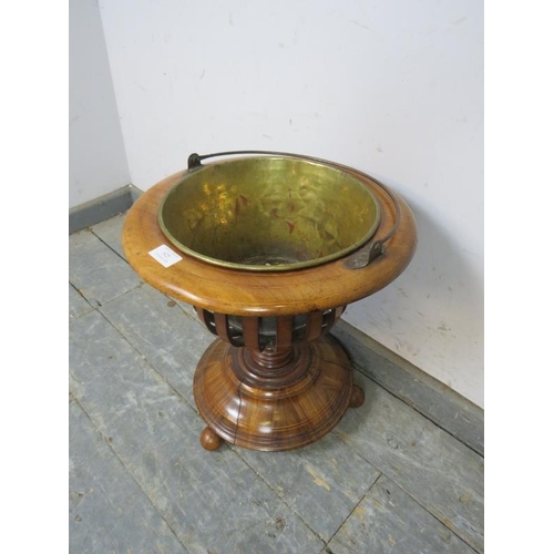 825 - A 19th century mahogany Dutch tea bucket/planter, strung with satinwood, on a turned column terminat... 