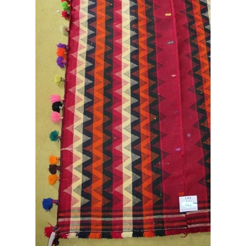 851 - Southwest Persian Ja Jim Kilim rug, multi stripes and coloured tassels to sides.  310cm x 125cm (app... 