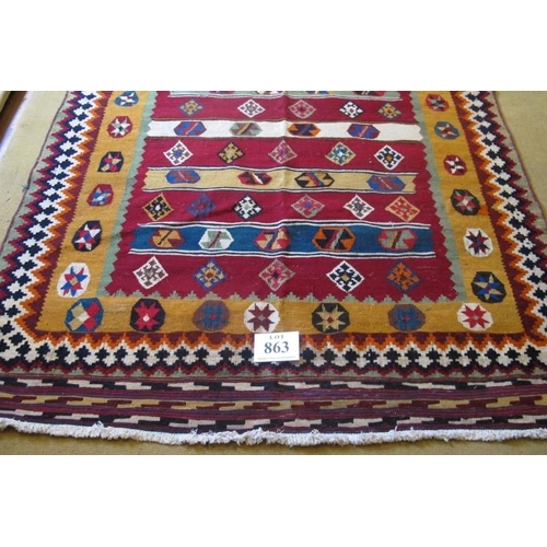 863 - South West Persian Qashqai Kilim rug, multicoloured. 242cm x 150cm approx.
Condition report: excelle... 