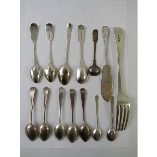 429 - A mixed lot of 12 hallmarked silver spoons of various type, two silver hallmarked butter knives and ... 