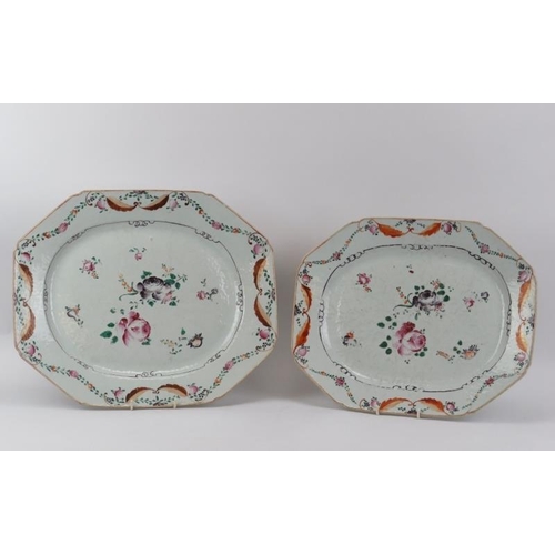 122 - Two large Chinese Export Famille Rose porcelain octagonal serving platters, late 18th/early 19th cen... 