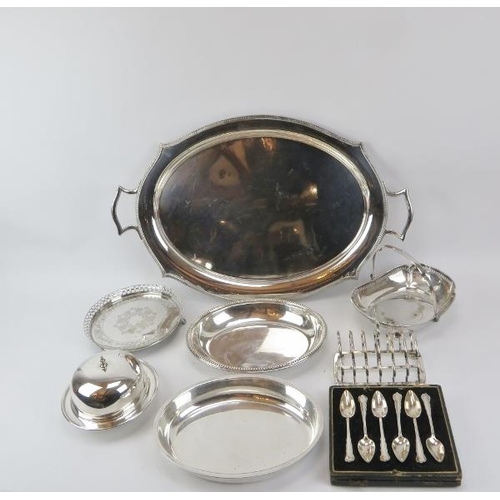 133 - A group of silver plated wares, 19th/early 20th century. (7 items) Serving tray: cm length.
Conditio... 