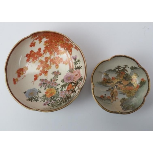 14 - Two Japanese satsuma ware bowls, late Meiji / Taisho period. Both with lobed rims and Shimazu Mon ma... 