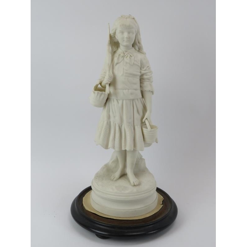 199 - A large parian ware figure of a farm girl, 19th century. Supported on a turned wood base and enclose... 