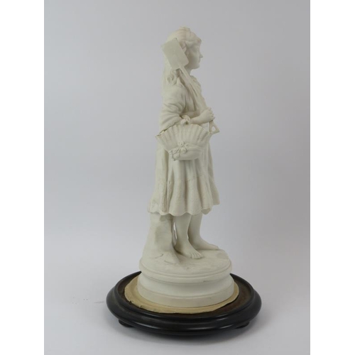 199 - A large parian ware figure of a farm girl, 19th century. Supported on a turned wood base and enclose... 