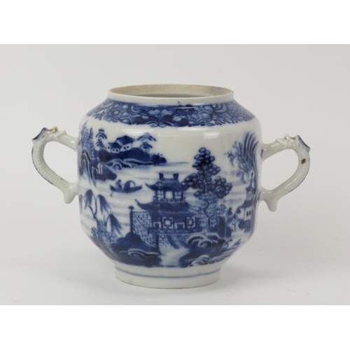 213 - A Chinese blue and white porcelain twin handled jar, 18th century. Painted depicting a lakeside hous... 