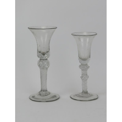 245 - Two Dutch belled shaped, knopped air twist stem wine glasses, 18th century. (2 items) 16.5 cm height... 