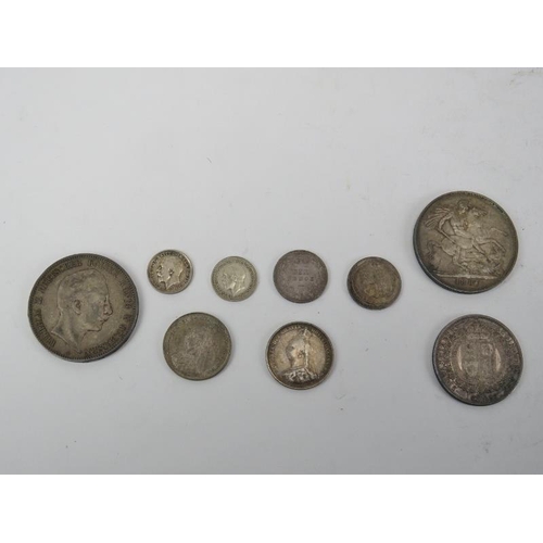 277 - A group of British Victorian and George V silver coins and a Prussian five mark coin. (9 items) Prus... 