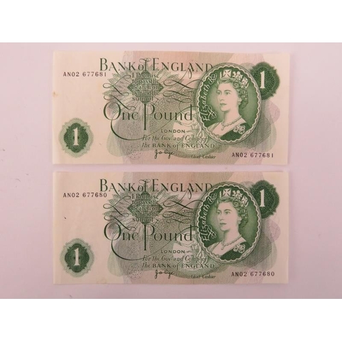 299 - A Bank of England single sided One Pound Bank note and another One Pound Bank note. Codes: AN02 6776... 